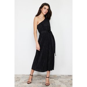 Trendyol Black Belted Pleat Fitted/Fitted Single Sleeve Asymmetric Collar Knitted Midi Dress