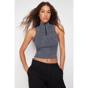 Trendyol Anthracite Weathered/Faded Effect Fitted Zippered Ribbed Cotton Stretch Knitted Blouse