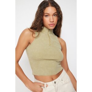 Trendyol Khaki Antique/Faded Effect Fitted Zippered Corded Cotton Stretchy Knitted Knitted Blouse