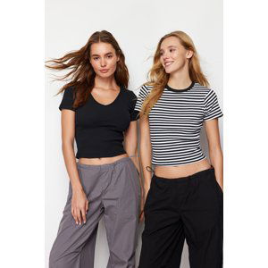 Trendyol 2-Pack Solid Black V-Neck and Striped Black Crew Neck Knitted Blouse