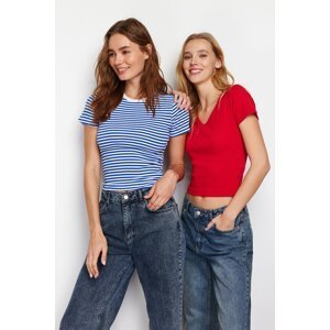 Trendyol Pack of 2 Plain Red V-Neck and Striped Navy Blue Crew Neck Knitted Blouse