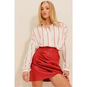 Trend Alaçatı Stili Women's Red Single Pocket Striped Woven Shirt