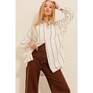 Trend Alaçatı Stili Women's Brown Single Pocket Striped Woven Shirt
