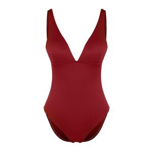 Trendyol Claret Red V-Neck Textured Regular Swimsuit