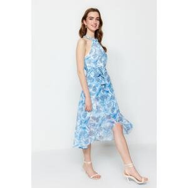 Trendyol Blue Belted Midi tkané podšívky Flounce kvetinové tkané šaty