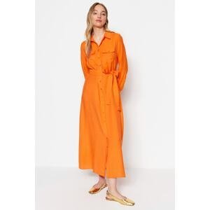 Trendyol oranžové pásové tkané košeľové šaty s vreckom detailné