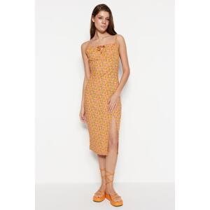 Trendyol Orange Printed Knitted Fitted Midi Dress with Smocking and Slit Detail