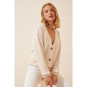 Happiness İstanbul Women's Light Cream V-Neck Buttoned Knitwear Cardigan