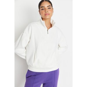 Trendyol Ecru Oversize/Wrap Zipper High Neck Thick Fleece Knitted Sweatshirt