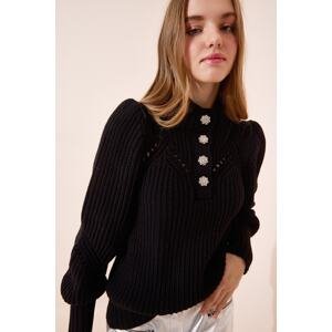 Happiness İstanbul Women's Black Stylish Buttoned Openwork Knitwear Sweater