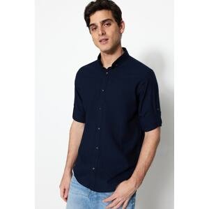 Trendyol Navy Blue Men's Button Collar Epaulette Slim Fit Long Sleeve 100% Cotton Shirt