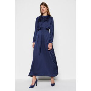 Trendyol Navy Blue Waist Belted Satin Evening Dress