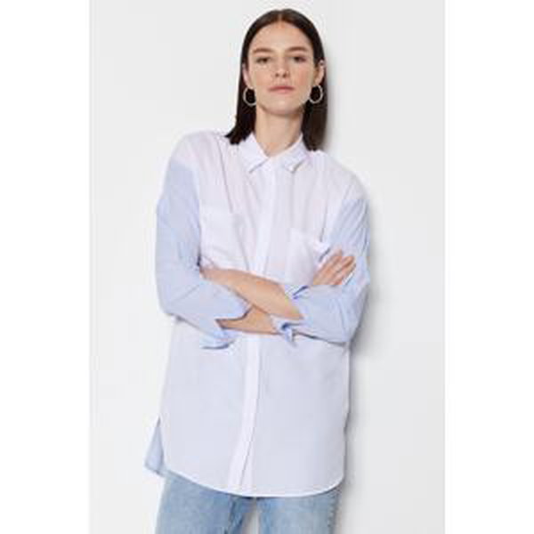 Trendyol Blue Woven Cotton Color Block Striped Shirt