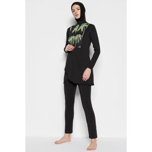 Trendyol Black Palm Pattern Long Sleeve Knitted Lycra 4-Piece Fully Covered Swimsuit Set