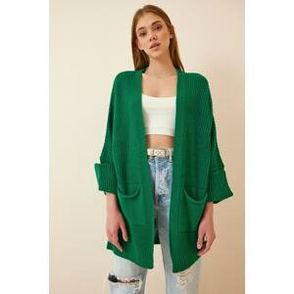 Happiness İstanbul Women's Green Oversize Long Pocket Knitwear Cardigan
