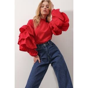 Trend Alaçatı Stili Women's Red Turtleneck Sleeve Flounce Woven Blouse