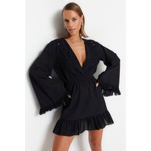 Trendyol Čierne mini tkané čipkované plážové šaty, 100% bavlna