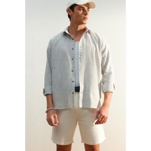Trendyol Blue Regular Fit 100% Cotton Linen Look Shirt