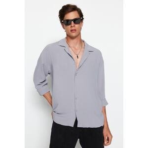 Trendyol Men's Gray Oversize Fit Wide Collar Summer Linen Look Shirt