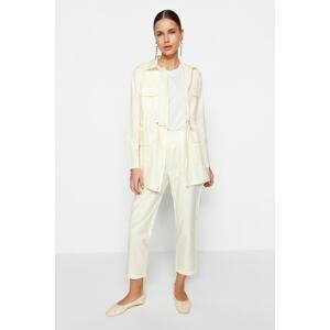 Trendyol Cream Gathered and Pocket Detailed Woven Cotton Shirt-Pants Suit