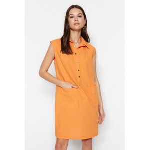 Trendyol Orange Straight Cut Pocket Shirt Collar Mini Woven Linen Look Dress