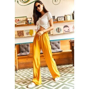 Olalook Women's Mustard Belted Woven Viscon Palazzo Trousers