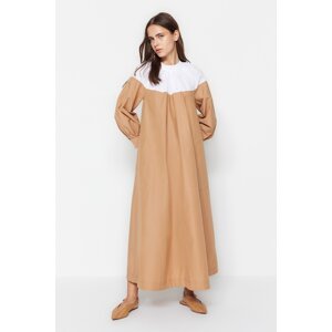 Trendyol Camel Color Block Shirring a Pocket Detail Wide Fit, tkané bavlnené šaty