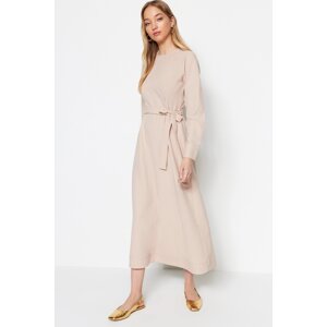 Trendyol Light Beige Belted Stitch Detail Woven Dress