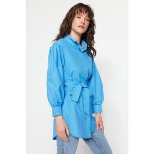 Trendyol Blue Belted Pearly Woven Cotton Shirt