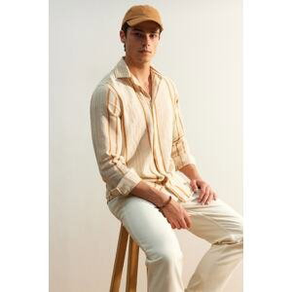 Trendyol Limited Edition Camel Men's Regular Fit Striped Linen Textured Shirt