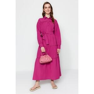 Trendyol Fuchsia Belted Stripe Guipure Detail Half Paw Cotton Woven Dress