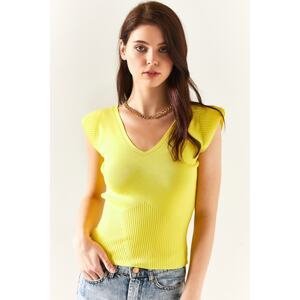 Olalook Women's Yellow Shoulder And Skirt Detailed Front Back V Knitwear Blouse