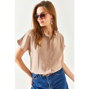 Olalook Women's Milk Brown Bat Oversize Linen Shirt