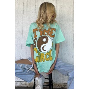 Madmext Mint Green Printed Over Fit Women's T-Shirt