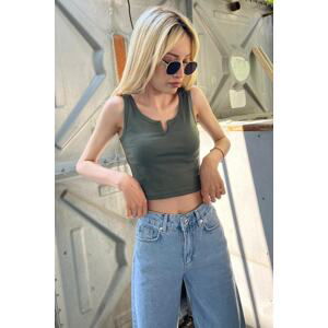 Madmext Mad Girls Front Detail Khaki Crop Top Mg362