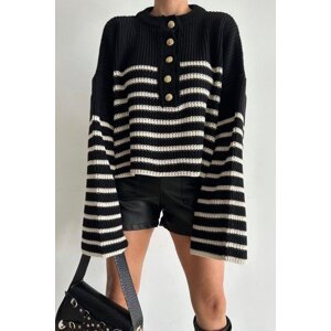 Madmext Black Crew-neck Women's Knitwear Sweater with Gold Buttons and Stripes