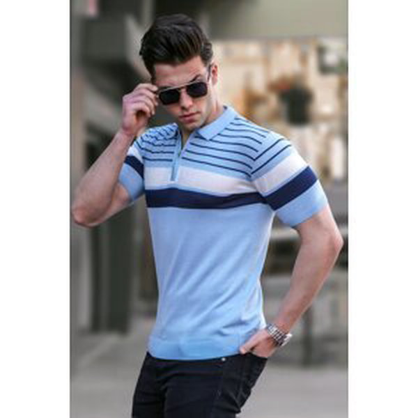 Madmext Boys' Baby Blue Polo Collar Zippered T-Shirt 5732