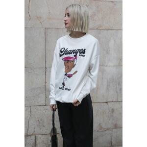 Madmext Ecru Printed Oversize Sweatshirt