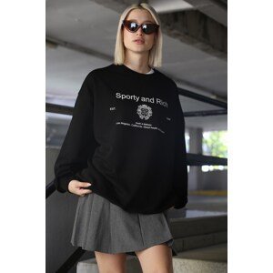 Madmext Women's Black Crew Neck Printed Oversize Sweatshirt