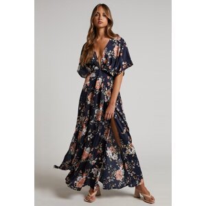 Madmext Navy Blue Patterned Long Dress With Slit Detail
