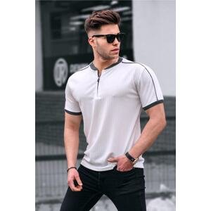 Madmext Men's White Zipper Collar Combed Cotton T-Shirt
