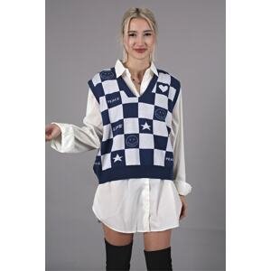 Madmext Indigo V-Neck Checkered Pattern Regular Fit Womens Sweater.