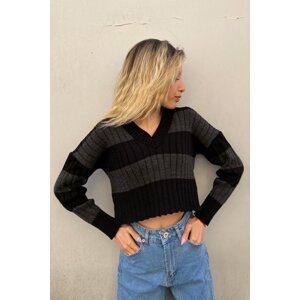 Madmext Anthracite V-Neck Striped Crop Women's Sweater
