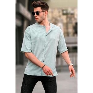 Madmext Mint Green Large Collar Striped Short Sleeve Shirt 5863