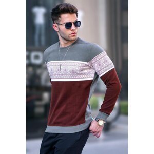 Madmext Khaki Jacquard Patterned Crew Neck Knitwear Sweater 5966