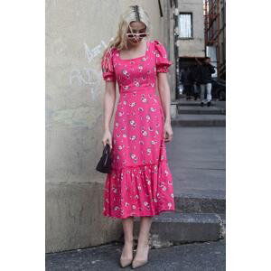 Madmext Pink Floral Patterned Balloon Sleeve Midi Dress