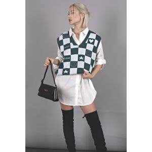 Madmext Women's Petrol Green V-Neck Checkered Pattern Regular Fit Sweater Women