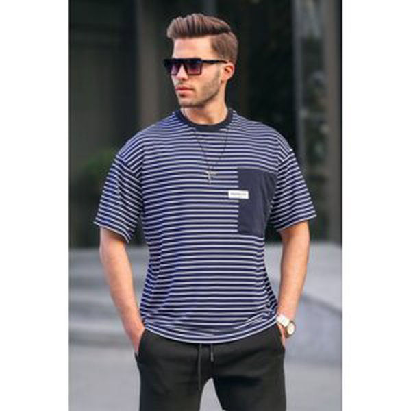 Madmext Men's Navy Blue Striped Patched T-Shirt 6085