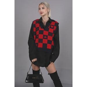 Madmext Women's Red V-Neck Checkered Pattern Regular Fit Sweater Women