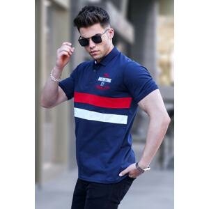 Madmext Navy Blue Embroidered Polo Neck T-Shirt 5868